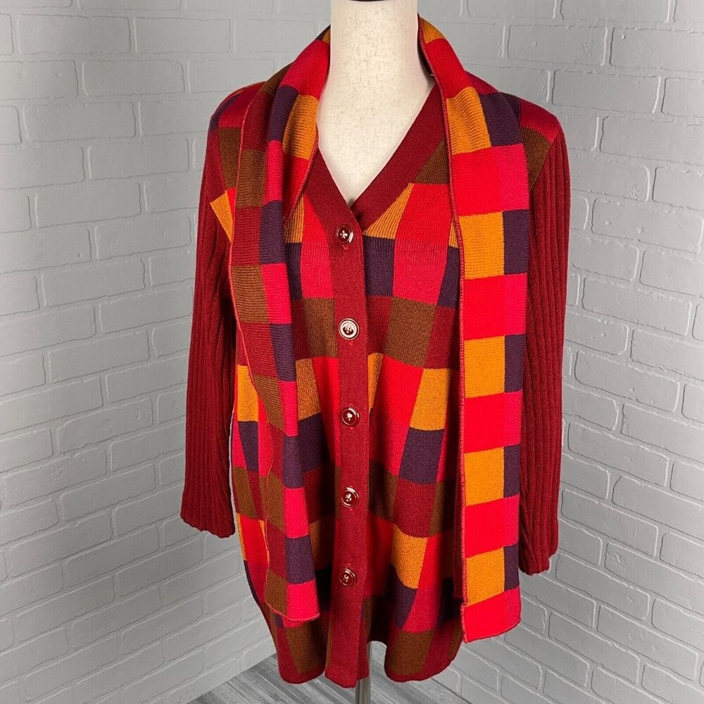 Ami Knits Cardigan Scarf Women 16 Red‎ Purple Check Rib Knit Acrylic USA VTG 70s